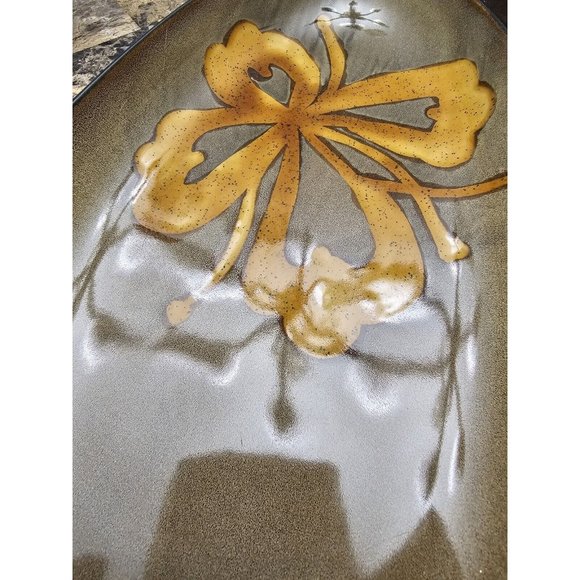 Pier One Kioko Collection Oval Platter 15.5" Long Green With Brown Flower - Picture 2 of 5